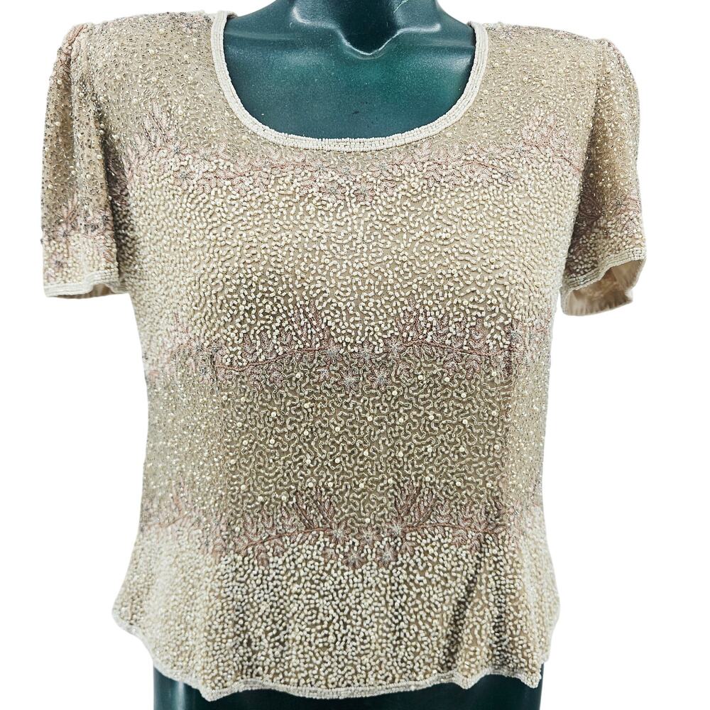 Vintage Adrianna Papell Champagne silk beaded sequined evening Blouse Top 8